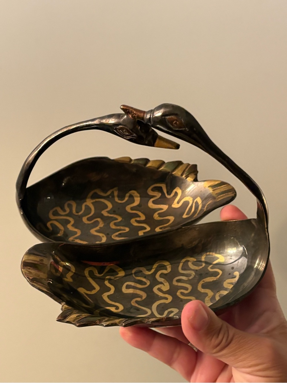 ✨ Vintage Solid Brass Double Swan Handle Trinket Dish / Catchall ✨